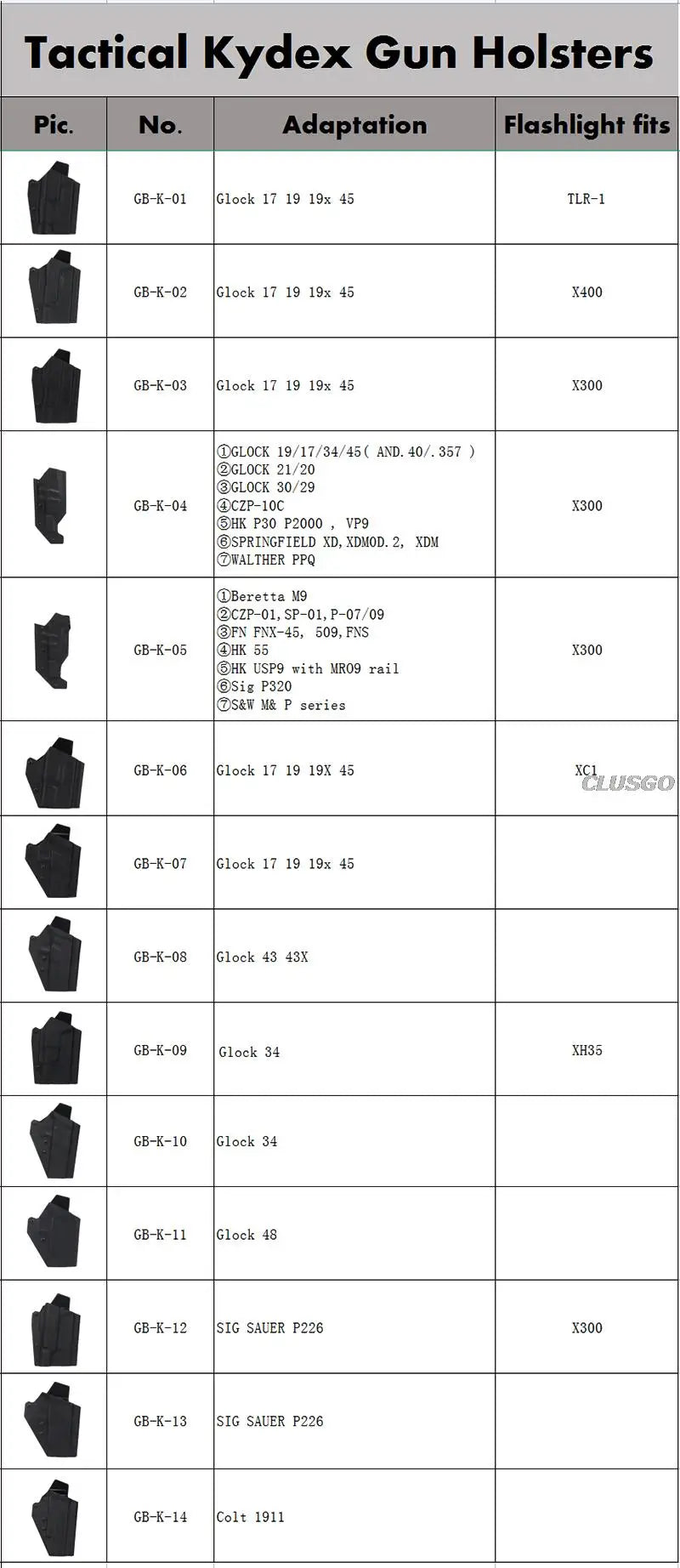 Kydex Tactical Pistol Gun Holster for GL17 19 19X 45 TLR-1 Flashlight Holster Quick Draw Hunting Belt Waist Holster