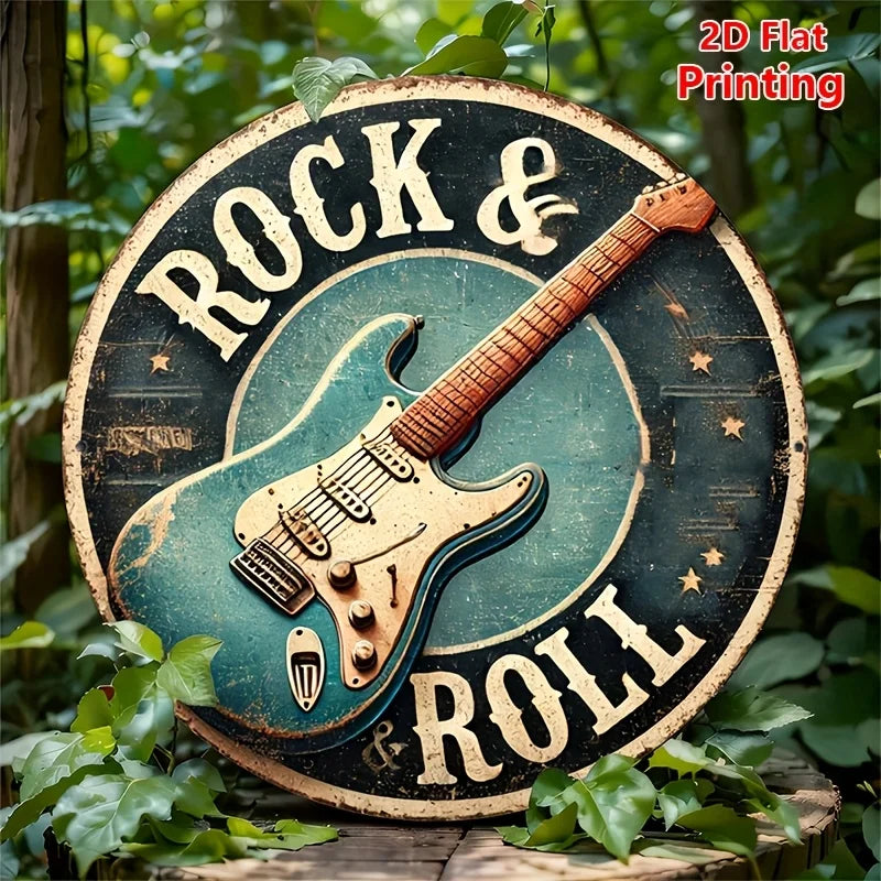 Vintage Retro "Rock & Roll" 2D Flat Round Tin Sign - Classic Electric Guitar Music Wall Decor for Music Room Man Cave Bar Home S
