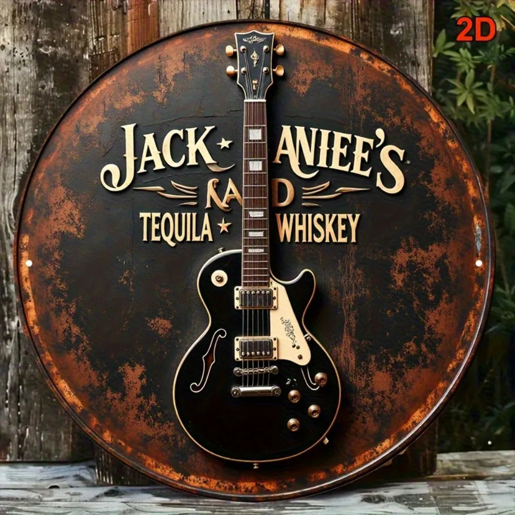 2D Flat, 1pc Vintage Guitar & Tequila Whiskey Metal Wall Decor - Retro Bar Sign with Electric Guitar Art - Rustic Country Music