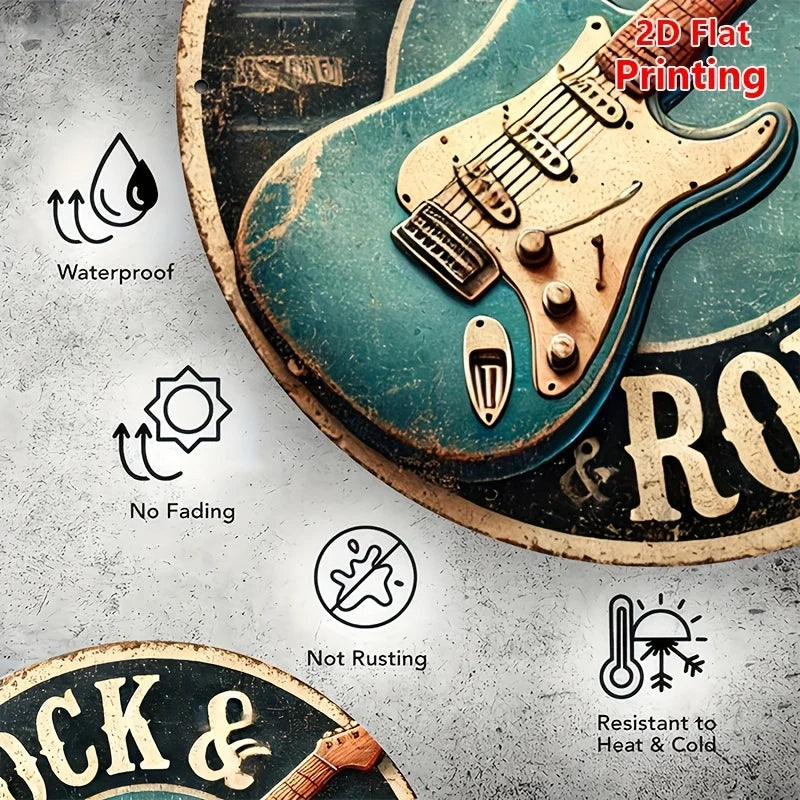 Vintage Retro "Rock & Roll" 2D Flat Round Tin Sign - Classic Electric Guitar Music Wall Decor for Music Room Man Cave Bar Home S
