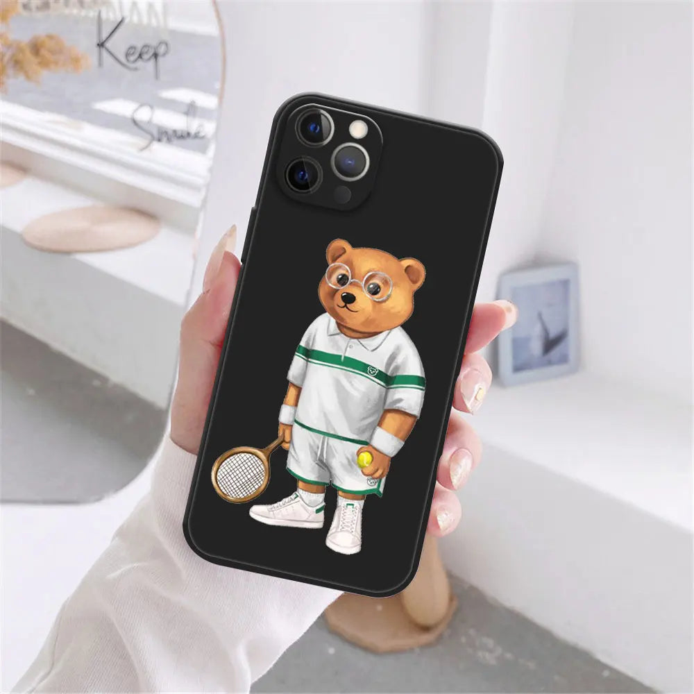 Cute Bear Fashion Brand Protective Cover Phone Case For iPhone 17 16 15 14 13 12 11 Pro Max 17AIR 14 15 16 Plus Black soft shell