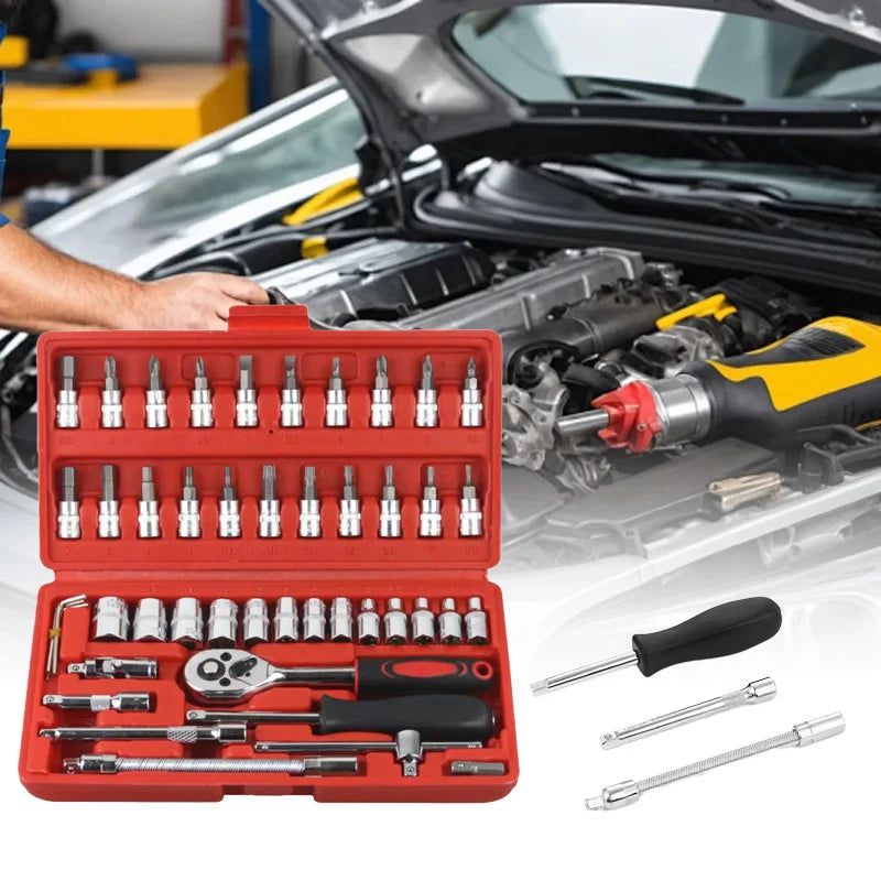 46pcs 1/4 Inch Drive Socket Set Ratchet Wrench Set Car Tool Kit, Bit Socket Wrench Set Metric Mechanic Tool Set Car accessories