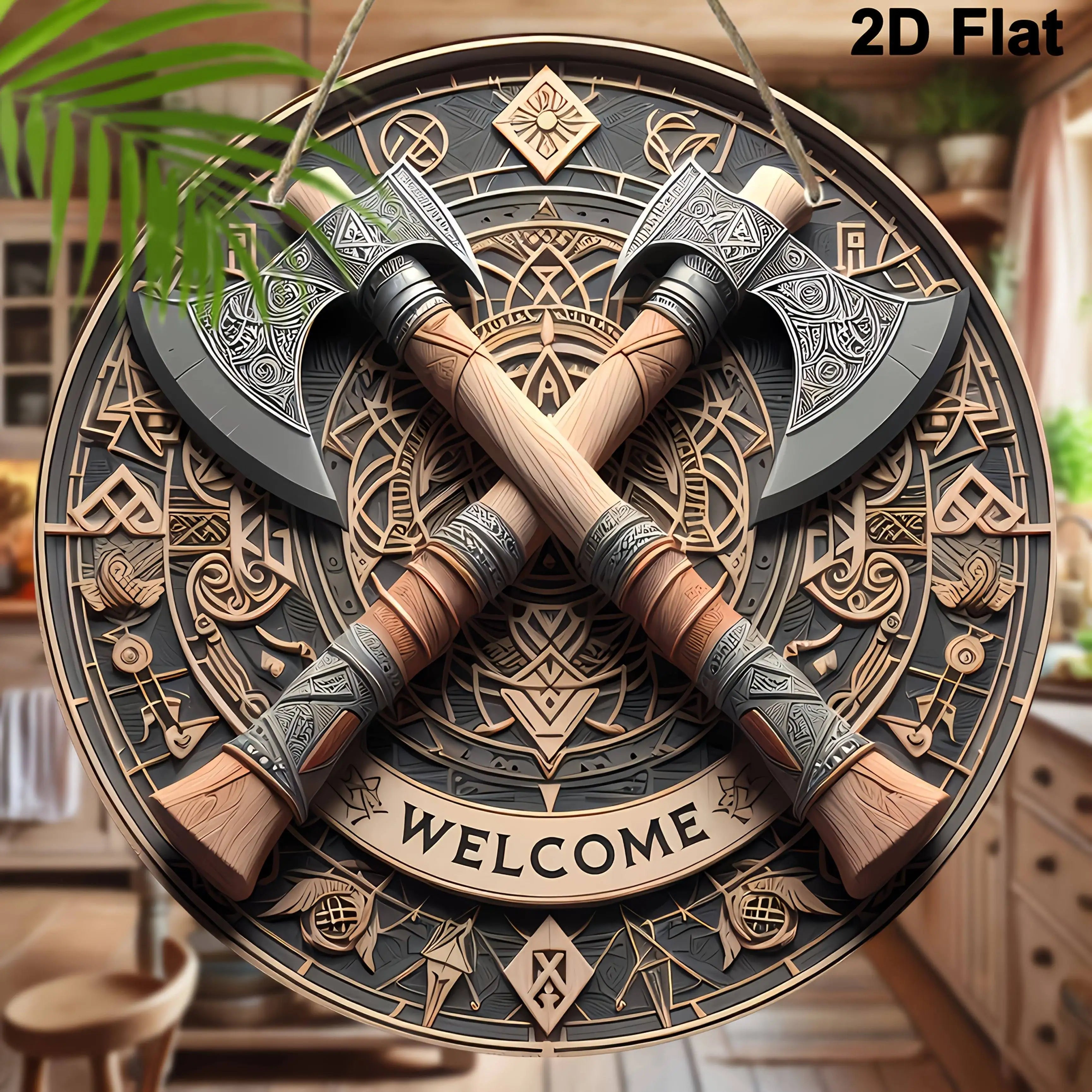 Viking Axes Welcome Sign - Aluminum Wall Art with Intricate Norse Design,Wall-Mounted Decor for Home