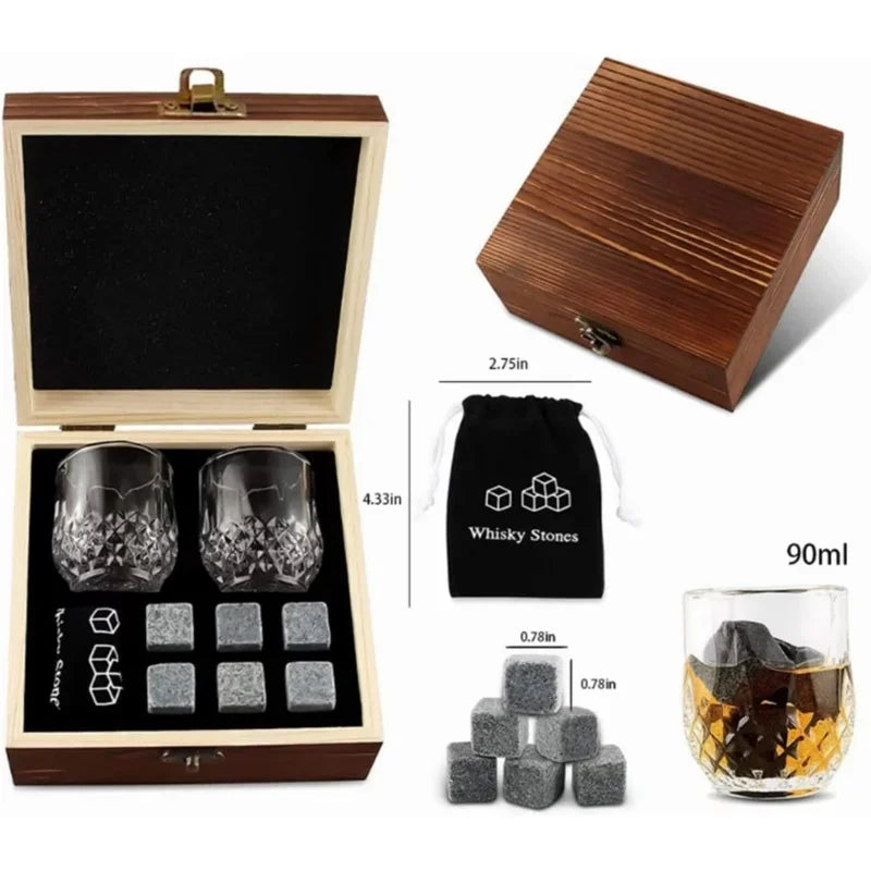 Father's Day Gift for Men Whiskey Stones Glasses Set Granite Ice Block for Whisky in Wooden Bottle Box Present for Dad Husband