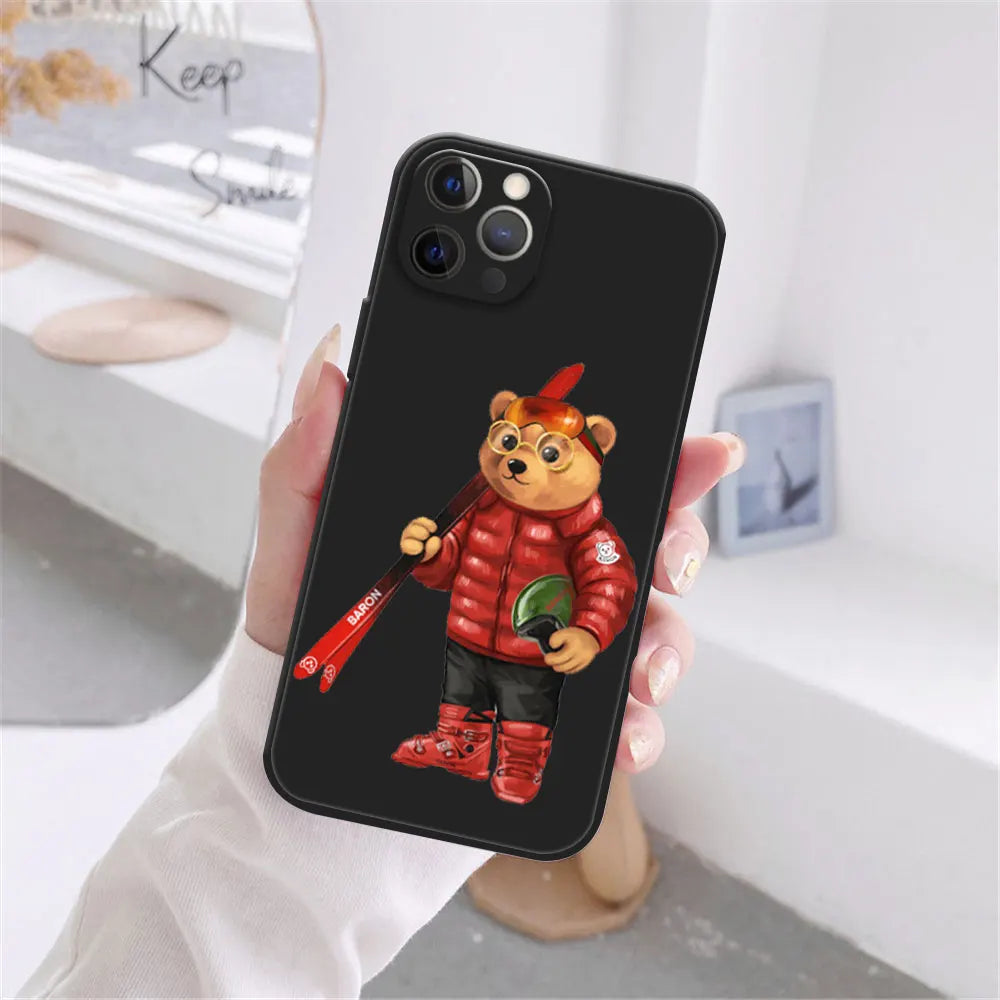 Cute Bear Fashion Brand Protective Cover Phone Case For iPhone 17 16 15 14 13 12 11 Pro Max 17AIR 14 15 16 Plus Black soft shell