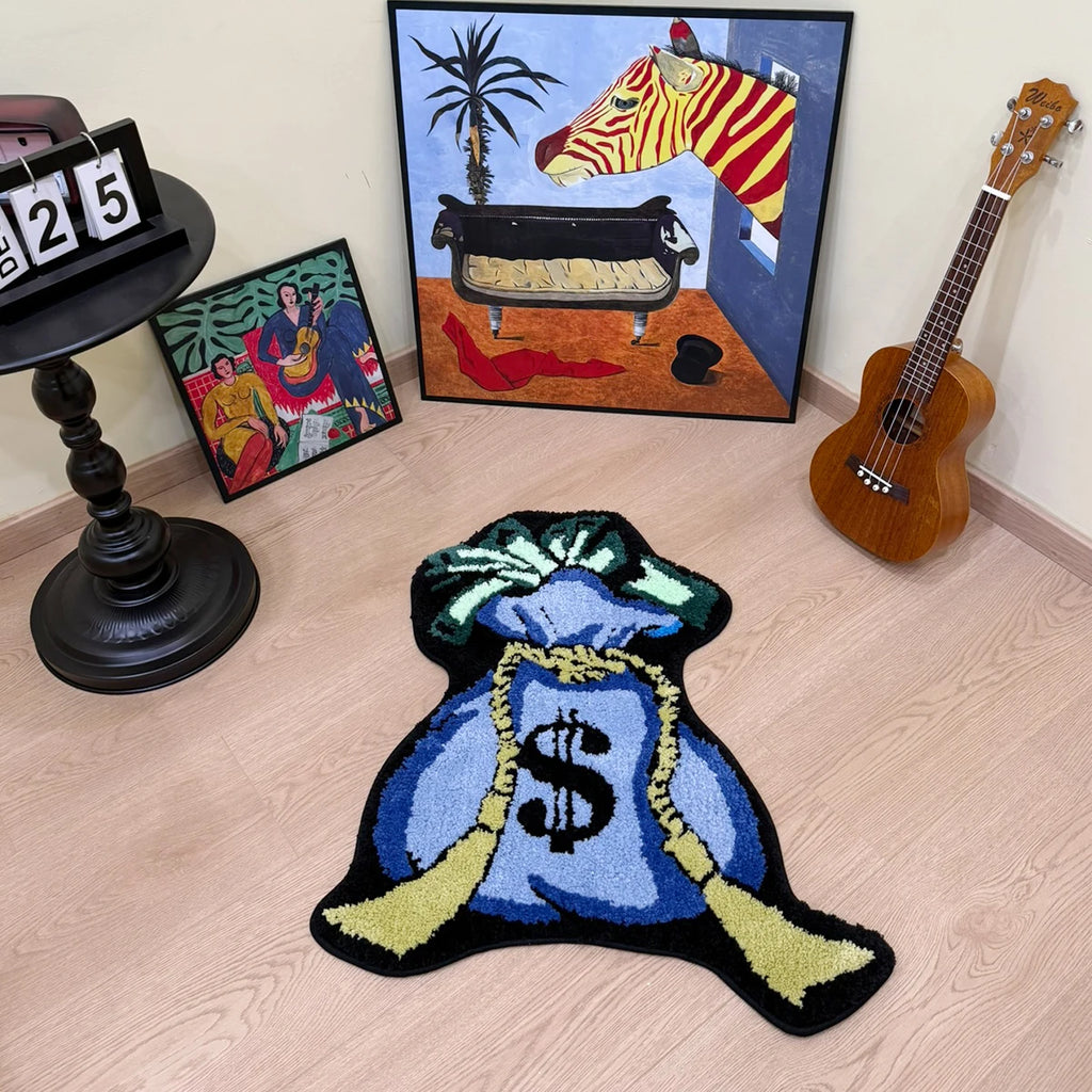 Blue Money Bag Tufted Rug Bedroom Aesthetics Rug Minimalist Tufted Rug Housewarming Gift Handmade Beside Rug Gift Home Decor