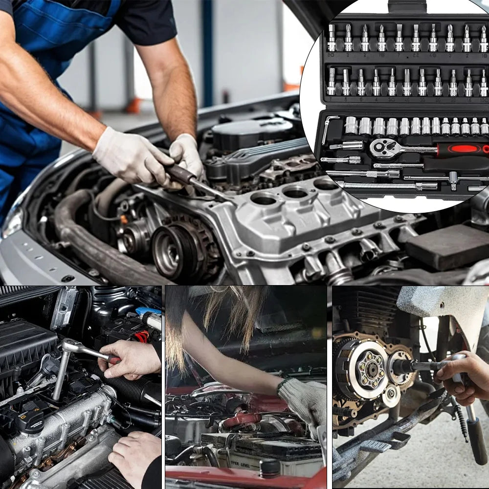 46pcs 1/4 Inch Drive Socket Set Ratchet Wrench Set Car Tool Kit, Bit Socket Wrench Set Metric Mechanic Tool Set Car accessories
