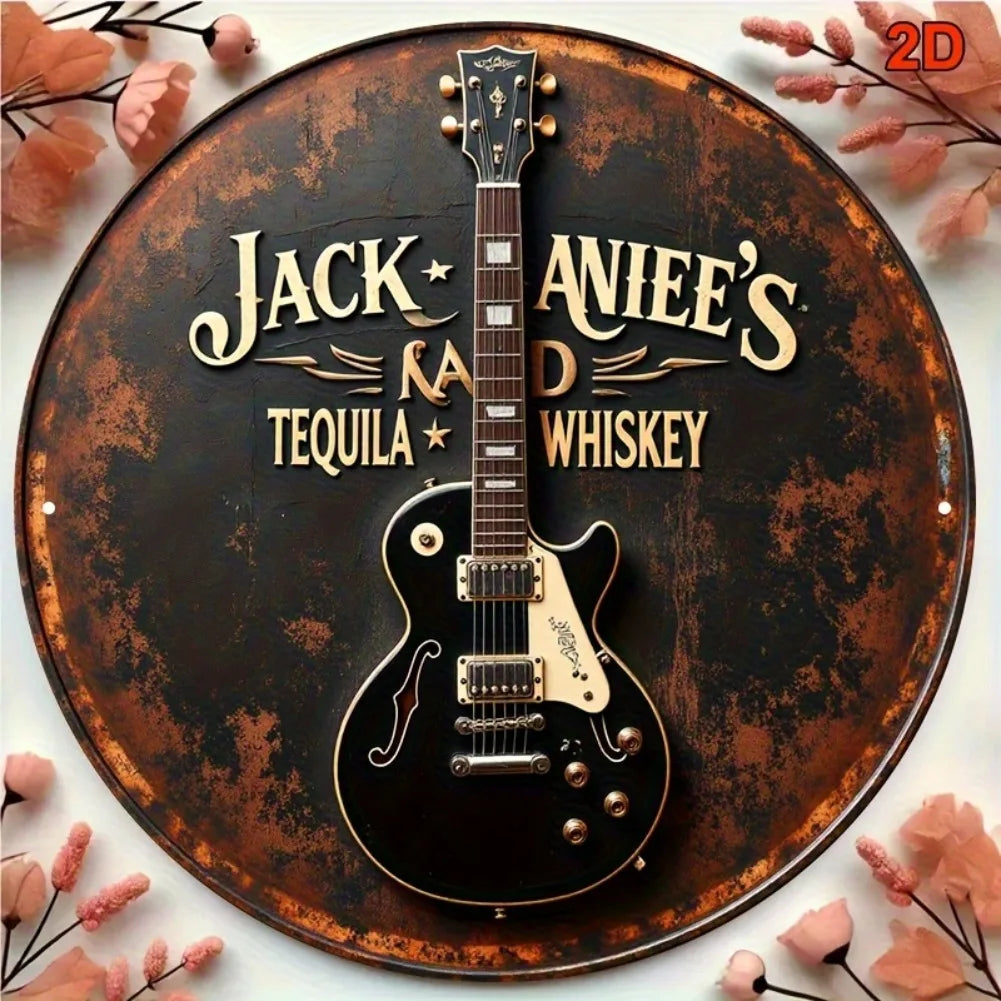 2D Flat, 1pc Vintage Guitar & Tequila Whiskey Metal Wall Decor - Retro Bar Sign with Electric Guitar Art - Rustic Country Music