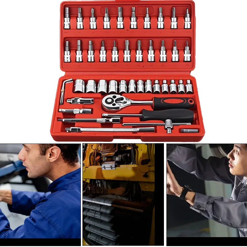 46pcs 1/4 Inch Drive Socket Set Ratchet Wrench Set Car Tool Kit, Bit Socket Wrench Set Metric Mechanic Tool Set Car accessories