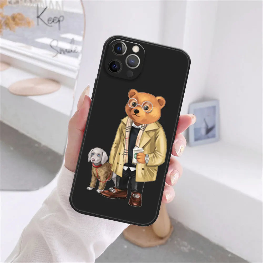 Cute Bear Fashion Brand Protective Cover Phone Case For iPhone 17 16 15 14 13 12 11 Pro Max 17AIR 14 15 16 Plus Black soft shell