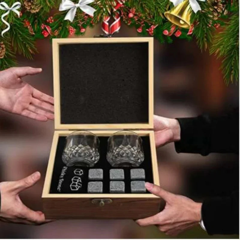 Father's Day Gift for Men Whiskey Stones Glasses Set Granite Ice Block for Whisky in Wooden Bottle Box Present for Dad Husband