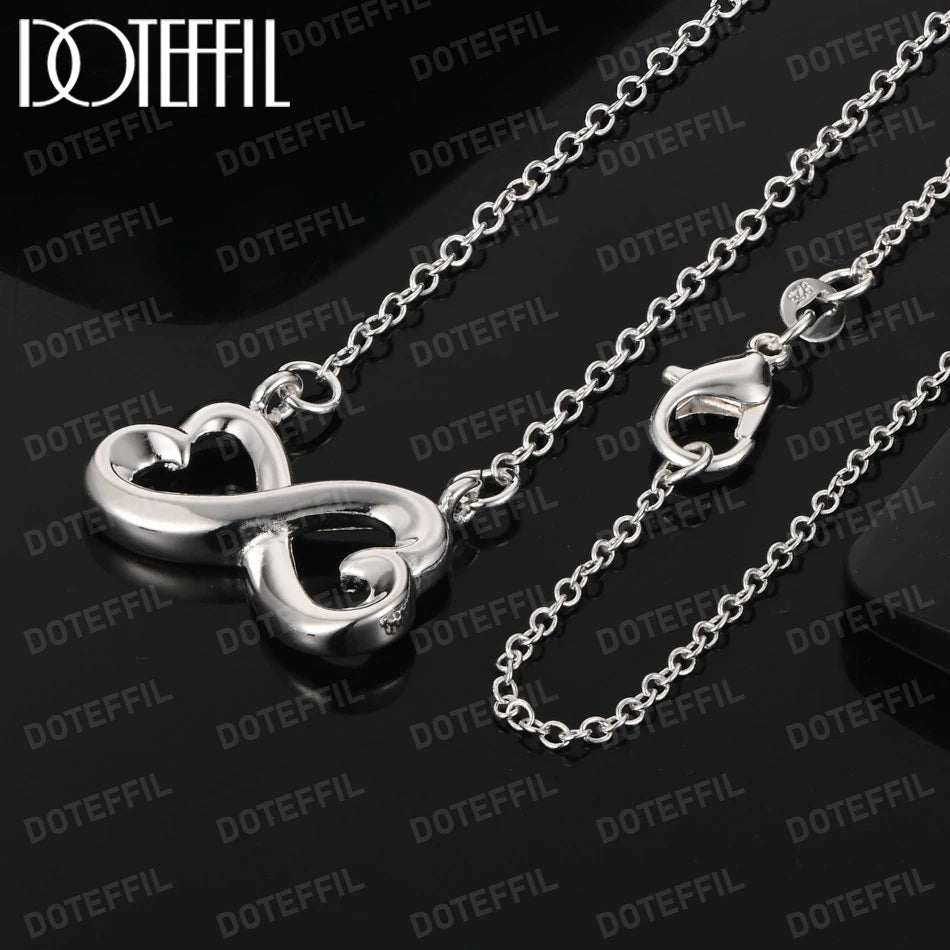 DOTEFFIL 925 Sterling Silver Double Heart Pendant Necklace 18 inch Chain For Woman Engagement Wedding Fashion Charm Jewelry