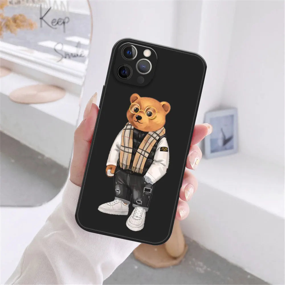 Cute Bear Fashion Brand Protective Cover Phone Case For iPhone 17 16 15 14 13 12 11 Pro Max 17AIR 14 15 16 Plus Black soft shell