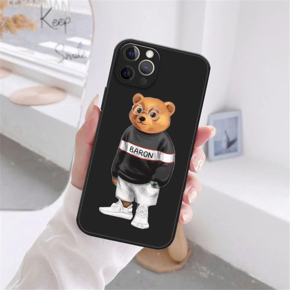 Cute Bear Fashion Brand Protective Cover Phone Case For iPhone 17 16 15 14 13 12 11 Pro Max 17AIR 14 15 16 Plus Black soft shell