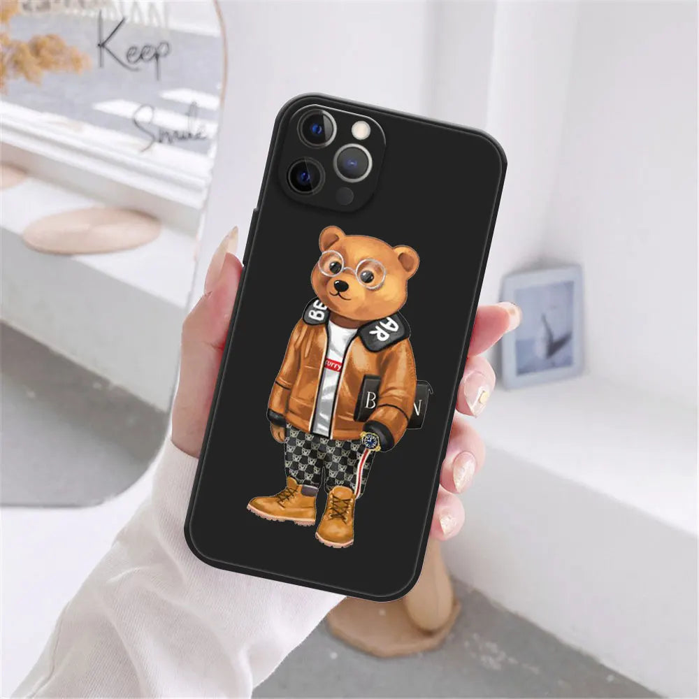 Cute Bear Fashion Brand Protective Cover Phone Case For iPhone 17 16 15 14 13 12 11 Pro Max 17AIR 14 15 16 Plus Black soft shell
