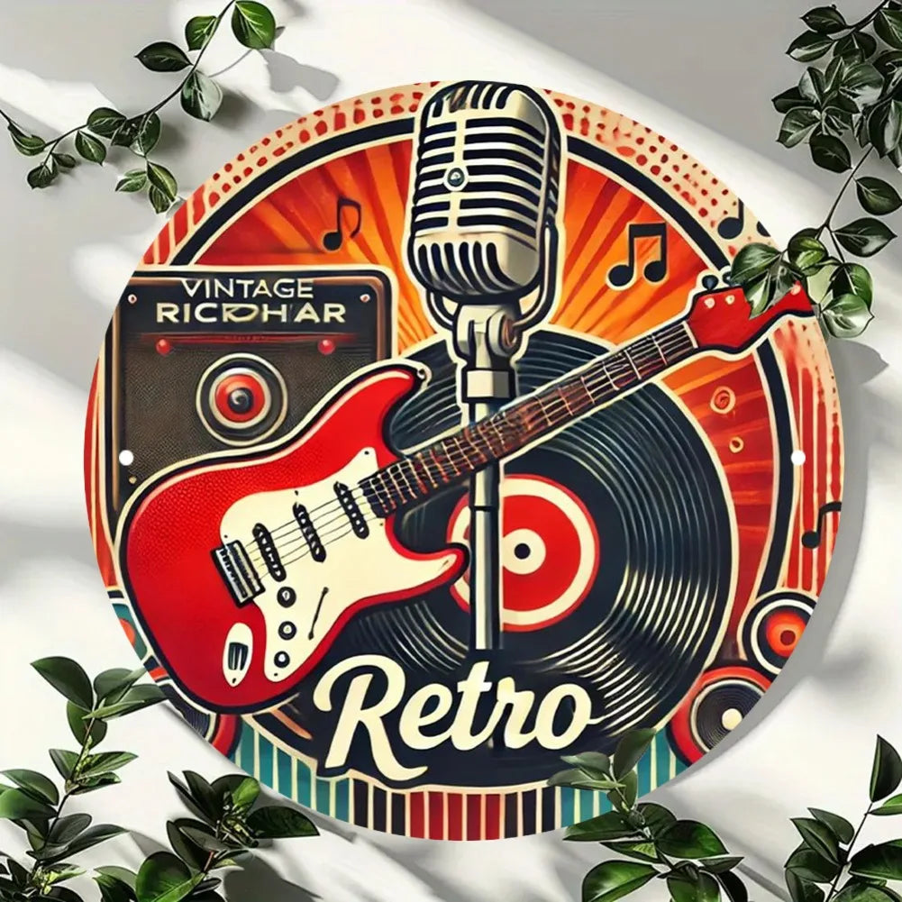2D Flat, 1pc Vintage "Retro Melody" Round Aluminum Wall Art Sign - 8x8 Inch, Vibrant Red Electric Guitar & Vinyl Record Design