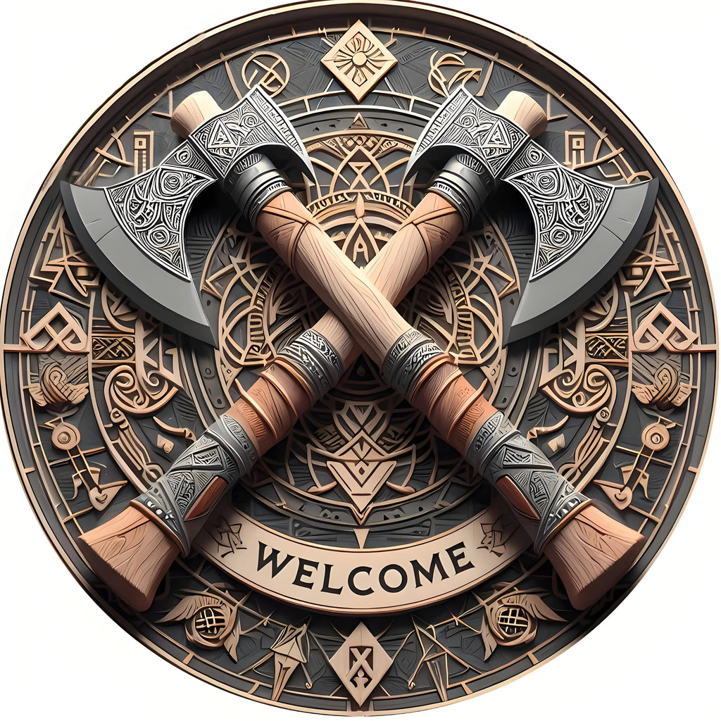 Viking Axes Welcome Sign - Aluminum Wall Art with Intricate Norse Design,Wall-Mounted Decor for Home