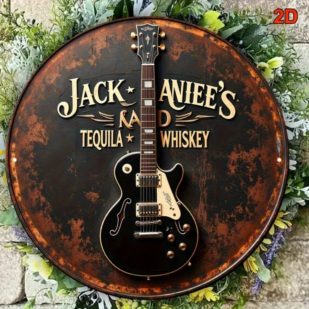 2D Flat, 1pc Vintage Guitar & Tequila Whiskey Metal Wall Decor - Retro Bar Sign with Electric Guitar Art - Rustic Country Music