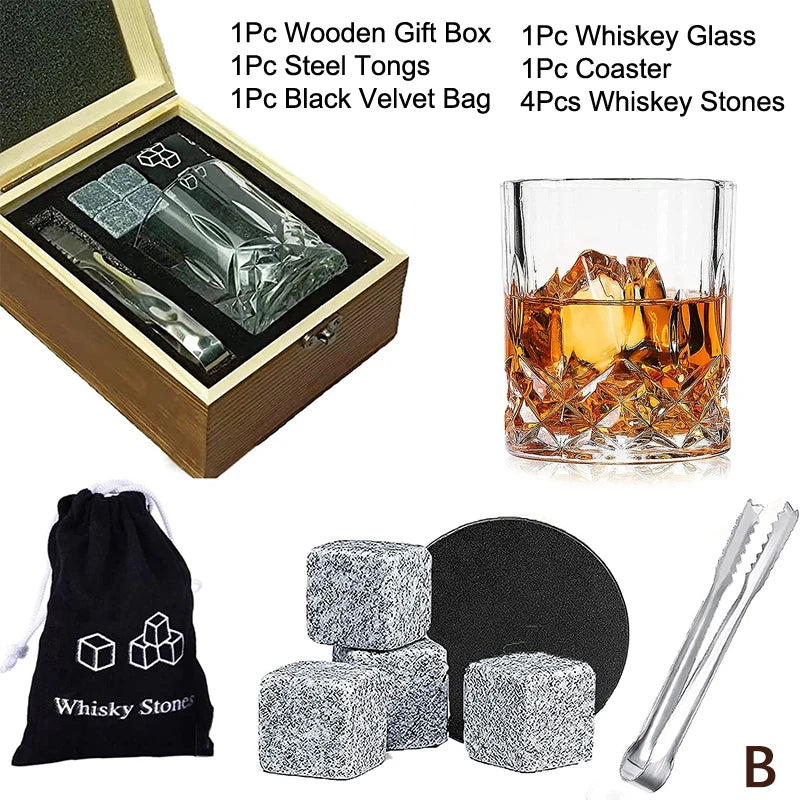 Set 8 Pcs Granite Ice Cubes+ 2 Pcs Cups For Whisky In Wooden Bottle Box Present For Dad Father'S Day Gift For Men Whiskey Stones