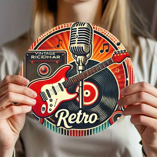 2D Flat, 1pc Vintage "Retro Melody" Round Aluminum Wall Art Sign - 8x8 Inch, Vibrant Red Electric Guitar & Vinyl Record Design