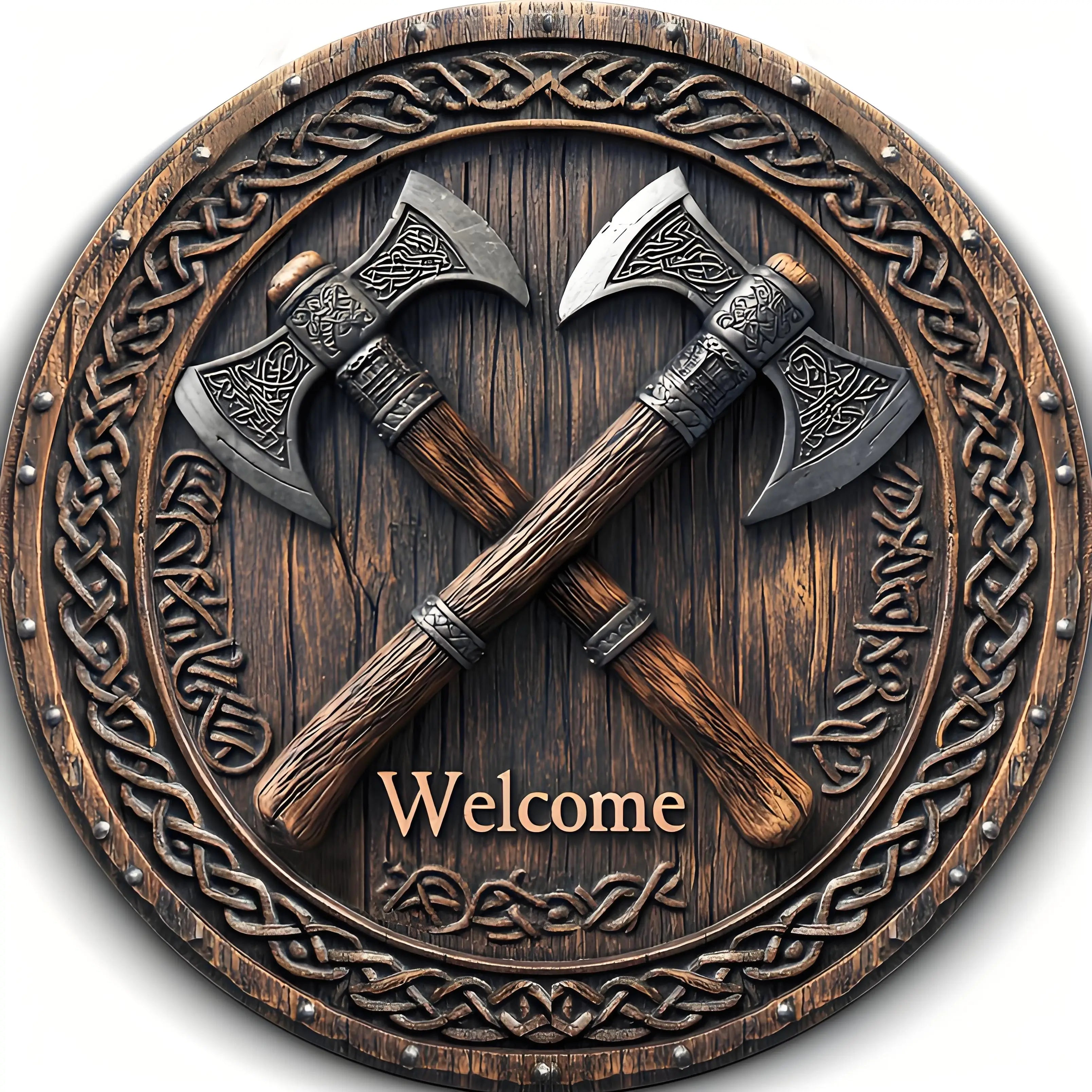 Viking Axes Welcome Sign - Aluminum Wall Art with Intricate Norse Design,Wall-Mounted Decor for Home