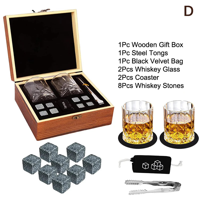 Set 8 Pcs Granite Ice Cubes+ 2 Pcs Cups For Whisky In Wooden Bottle Box Present For Dad Father'S Day Gift For Men Whiskey Stones