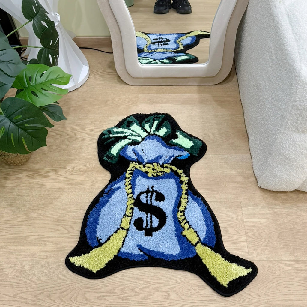 Blue Money Bag Tufted Rug Bedroom Aesthetics Rug Minimalist Tufted Rug Housewarming Gift Handmade Beside Rug Gift Home Decor