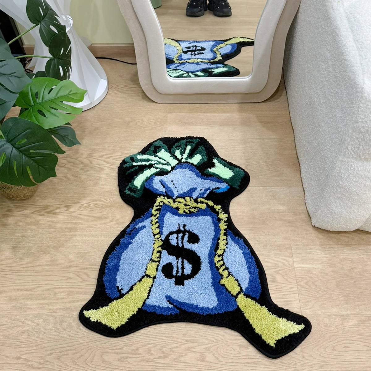 Blue Money Bag Tufted Rug Bedroom Aesthetics Rug Minimalist Tufted Rug Housewarming Gift Handmade Beside Rug Gift Home Decor