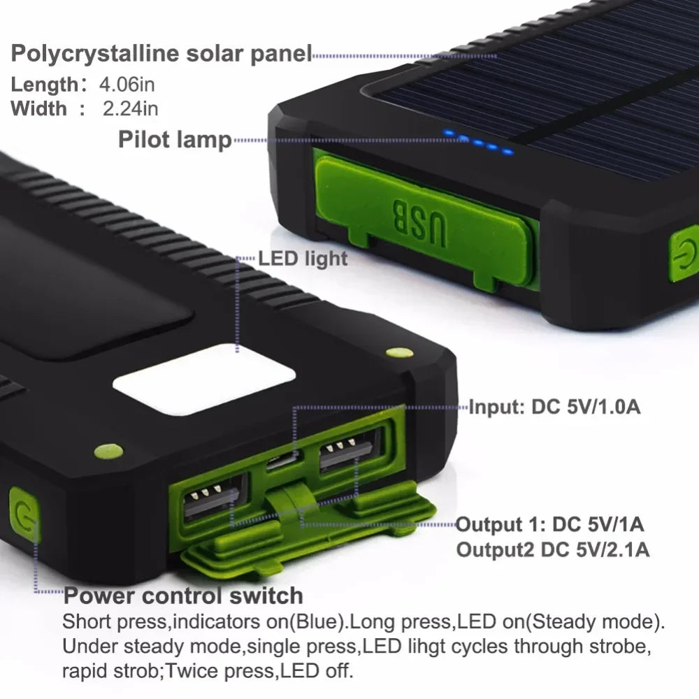 H  020000mAh Solar Power Bank Portable External Battery Double USB Fast Charging Powerbank Phone Charger For Smart Mobile Phone