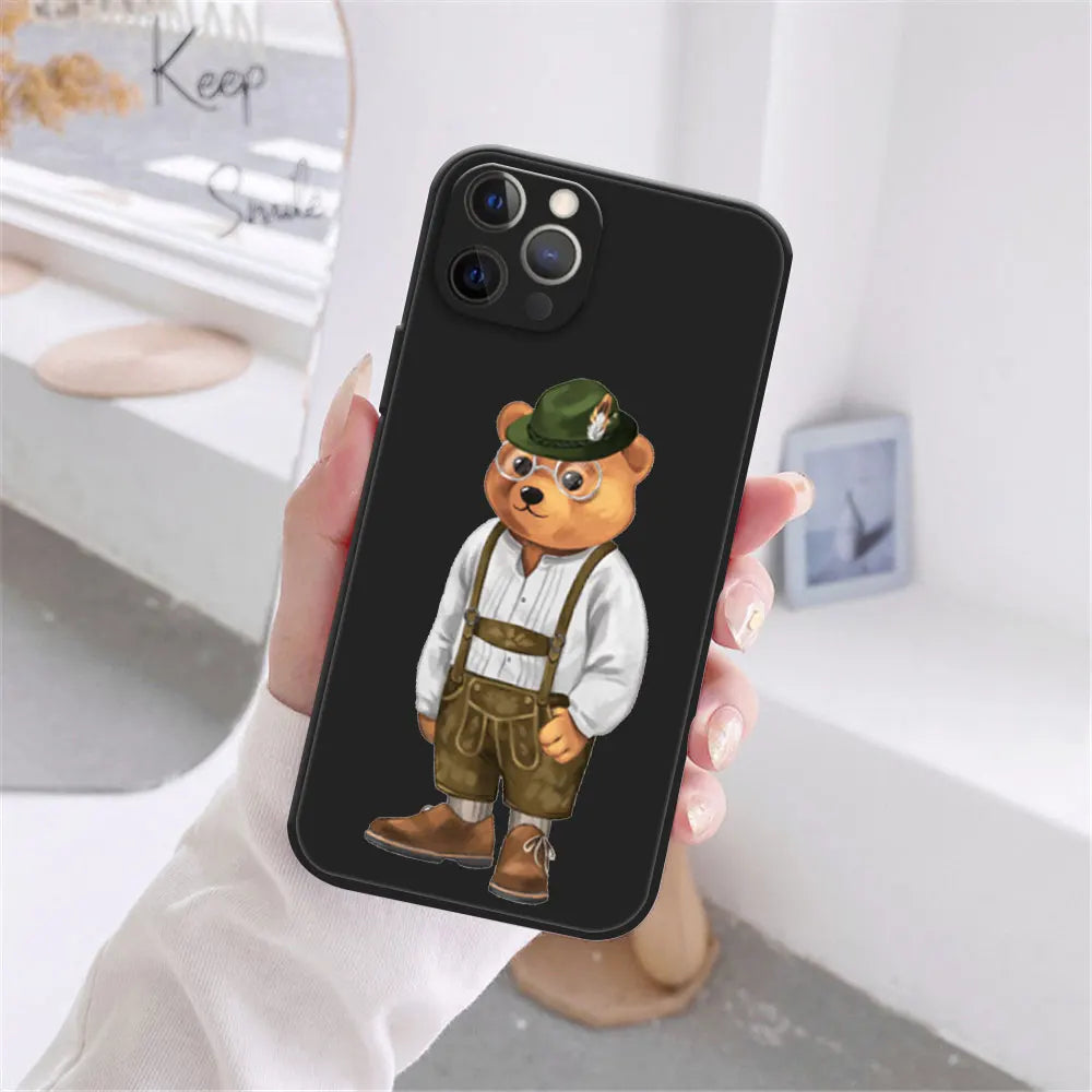 Cute Bear Fashion Brand Protective Cover Phone Case For iPhone 17 16 15 14 13 12 11 Pro Max 17AIR 14 15 16 Plus Black soft shell
