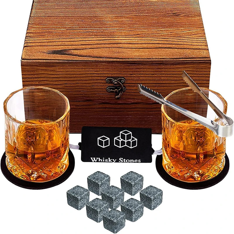 Set 8 Pcs Granite Ice Cubes+ 2 Pcs Cups For Whisky In Wooden Bottle Box Present For Dad Father'S Day Gift For Men Whiskey Stones