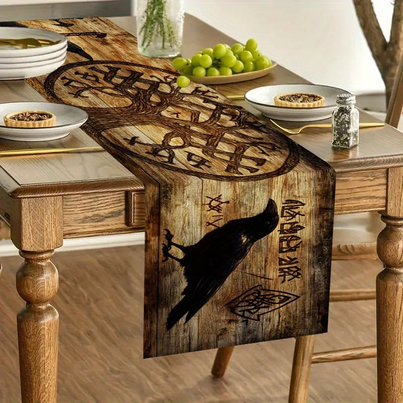 VIKAMA Scandinavian Viking Style Dark Vintage Table Flag Faux Wooden Raven Rune Tree Of Life Totem Table Decoration Table Flag
