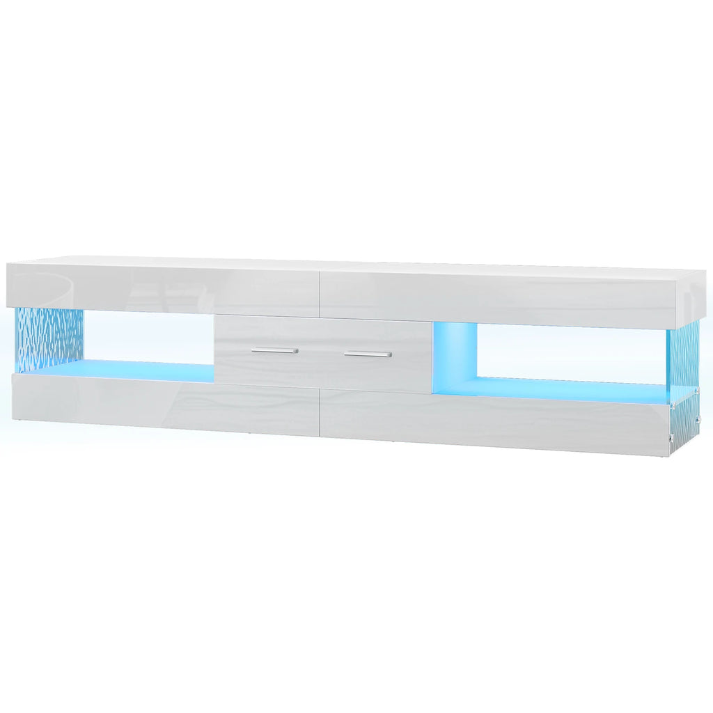 67" TV Stand for 75" TVs, High Gloss LED Media Console with Stone Doors, Drawer & Storage for Living Room, White