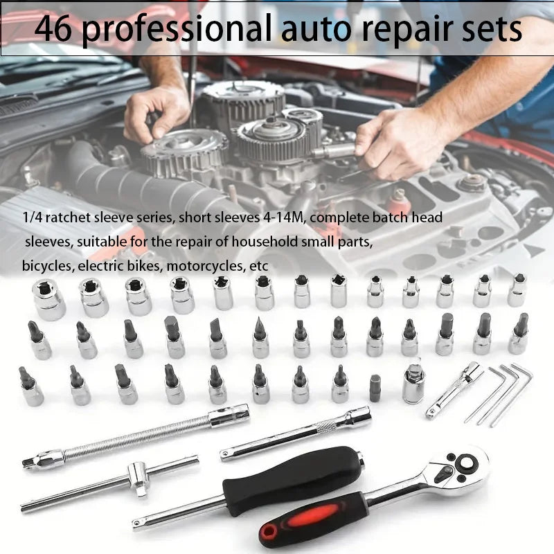 46pcs 1/4 Inch Drive Socket Set Ratchet Wrench Set Car Tool Kit, Bit Socket Wrench Set Metric Mechanic Tool Set Car accessories