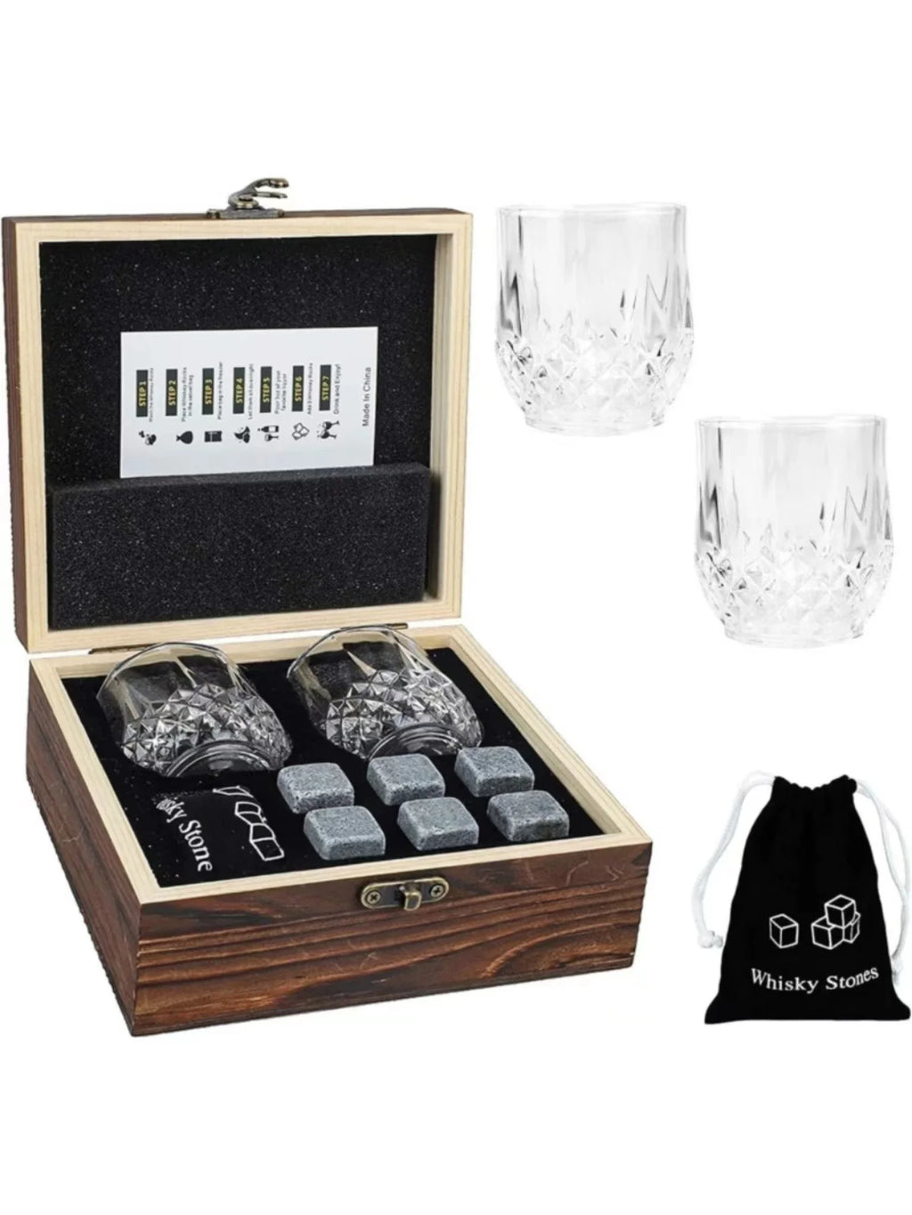 Father's Day Gift for Men Whiskey Stones Glasses Set Granite Ice Block for Whisky in Wooden Bottle Box Present for Dad Husband