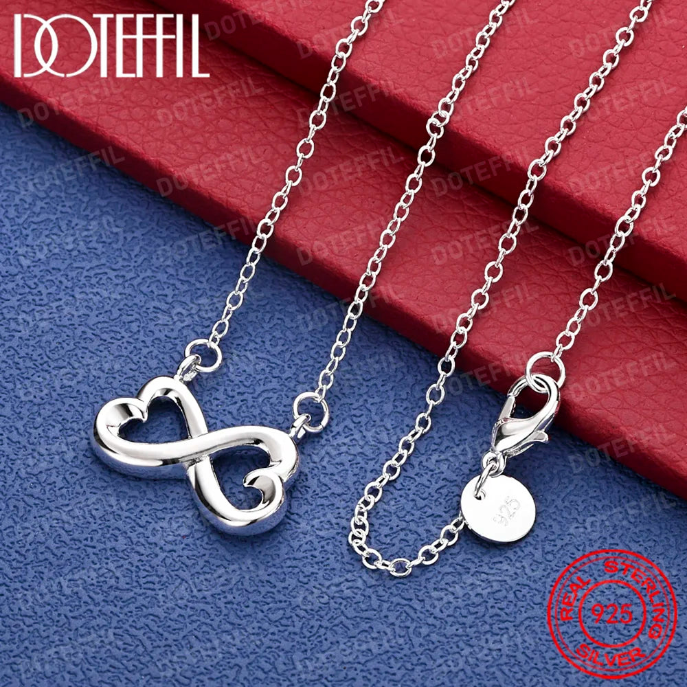DOTEFFIL 925 Sterling Silver Double Heart Pendant Necklace 18 inch Chain For Woman Engagement Wedding Fashion Charm Jewelry