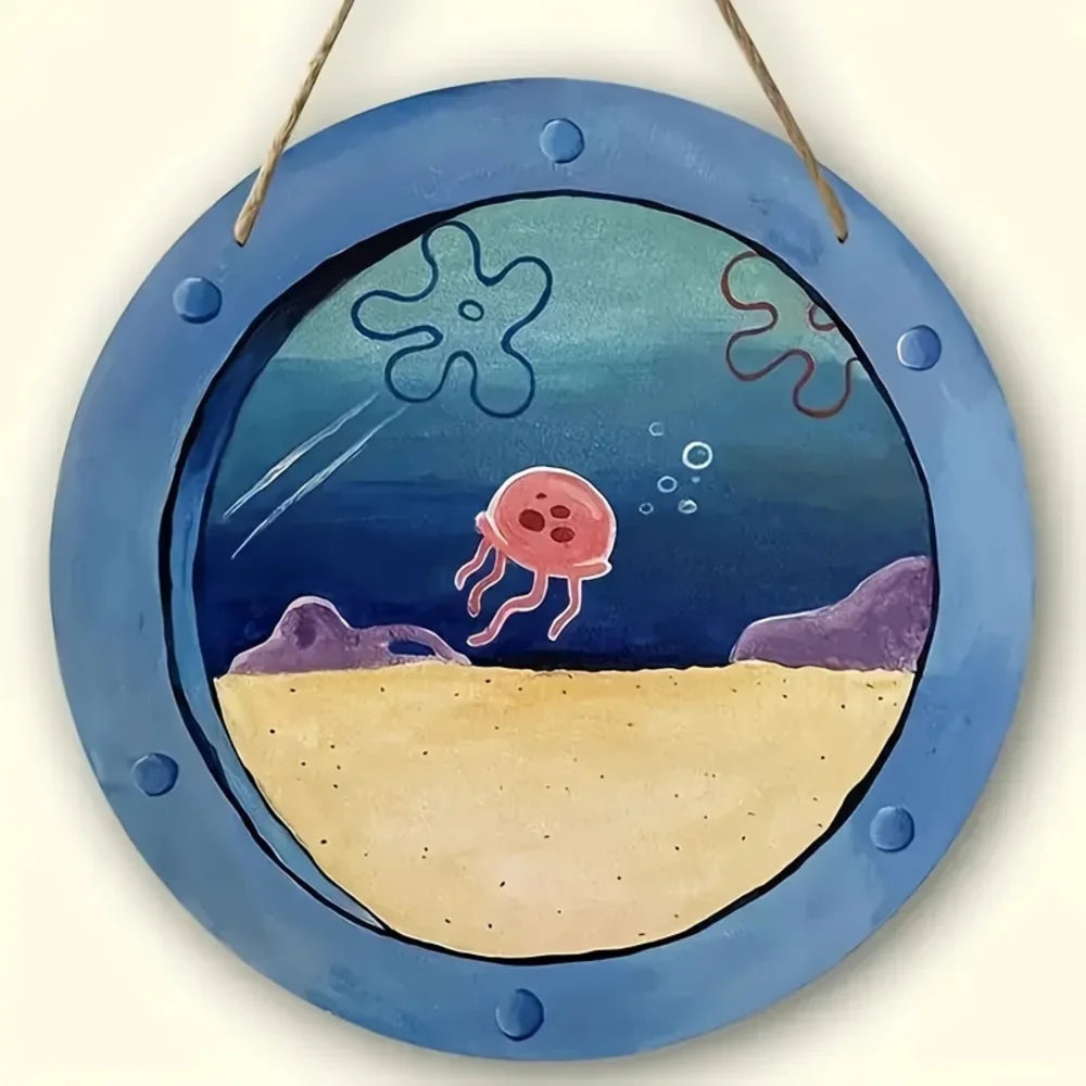 Charming Jellyfish Ocean Theme Wooden Signage -8 Inch Round Country Style Farmhouse Decoration for Kitchen and Cafe Wall