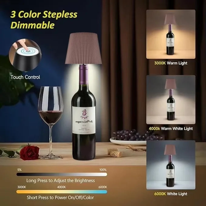 Wireless Bottle Table Lamp Touch Control of 3 Colors and Stepless Dimming Night Lamp Suitable for Bar Wine Bottles Desk Lights