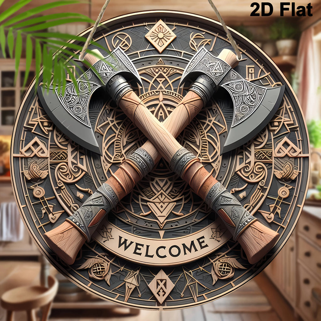 Viking Axes Welcome Sign - Aluminum Wall Art with Intricate Norse Design,Wall-Mounted Decor for Home