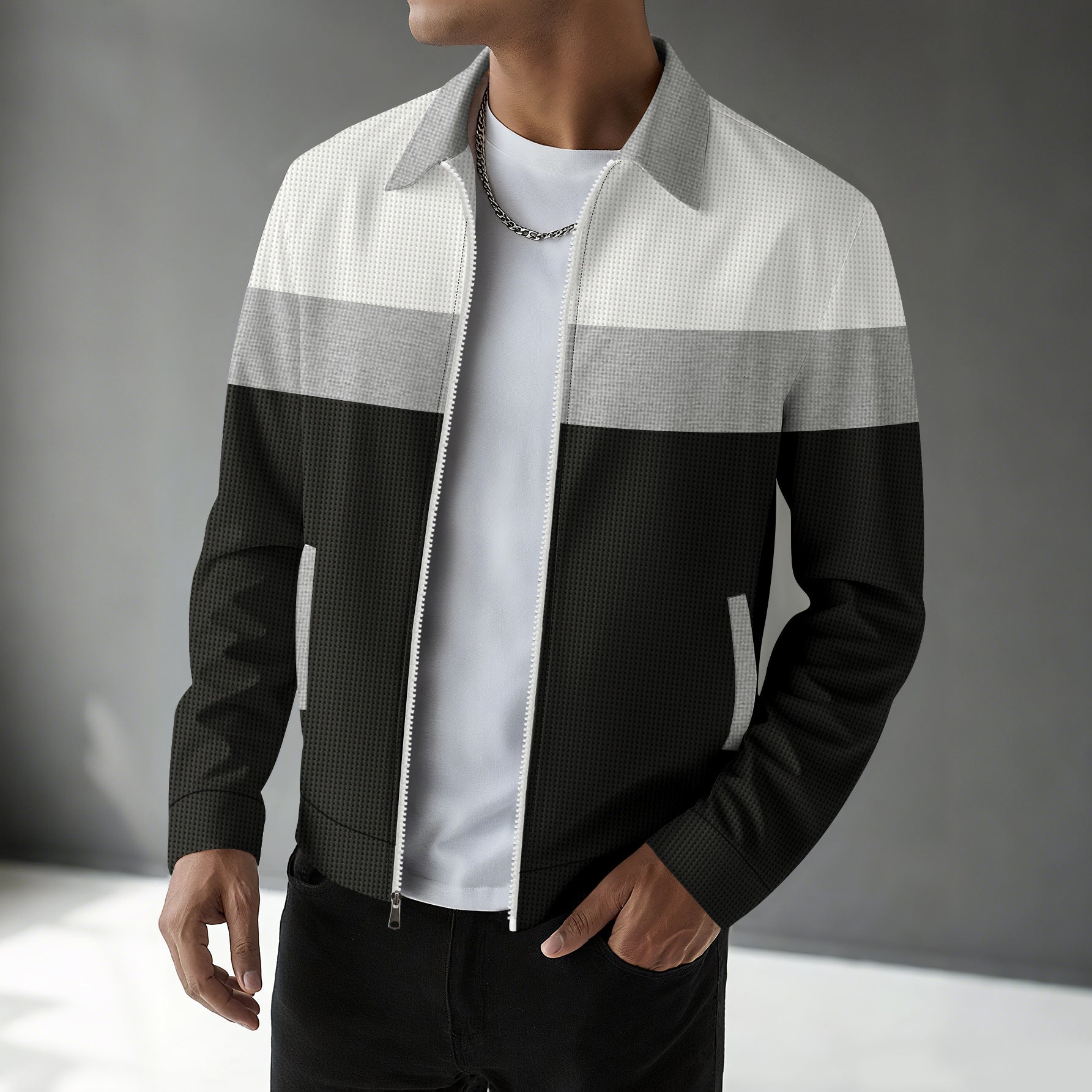 Waffle-knit Colorblock Cardigan With Zippered Pockets And A Notched Collar