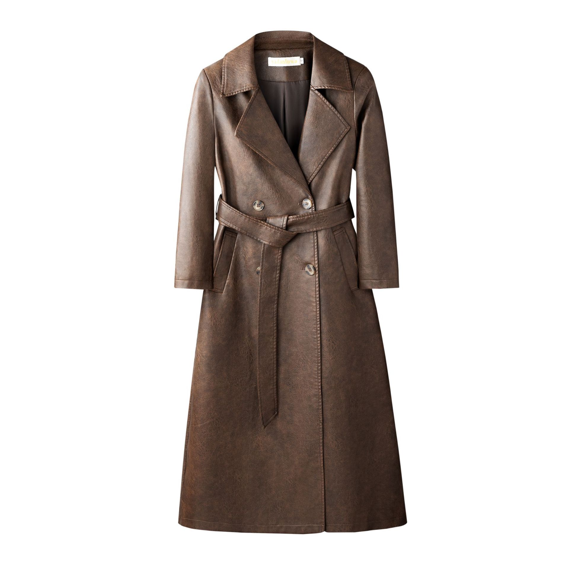 Women's Leather Trench Coat Long Below-the-knee Length