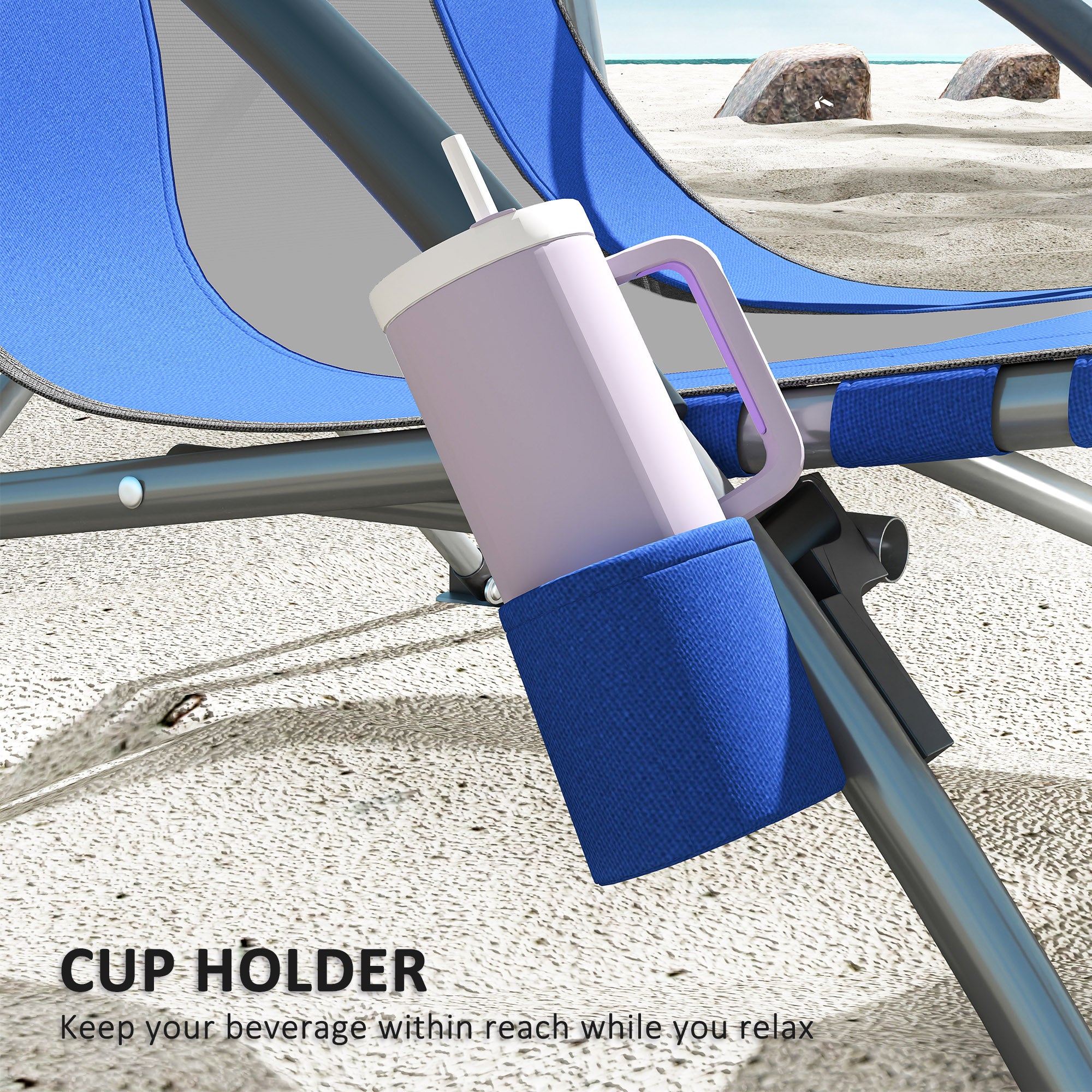 Set of 2 Folding Beach Chairs with Mesh Back, Carry Bag and Cup Holder for Outdoor Camping Lawn Sports Picnic Dark Blue