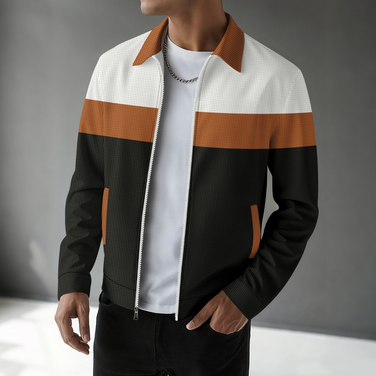 Waffle-knit Colorblock Cardigan With Zippered Pockets And A Notched Collar