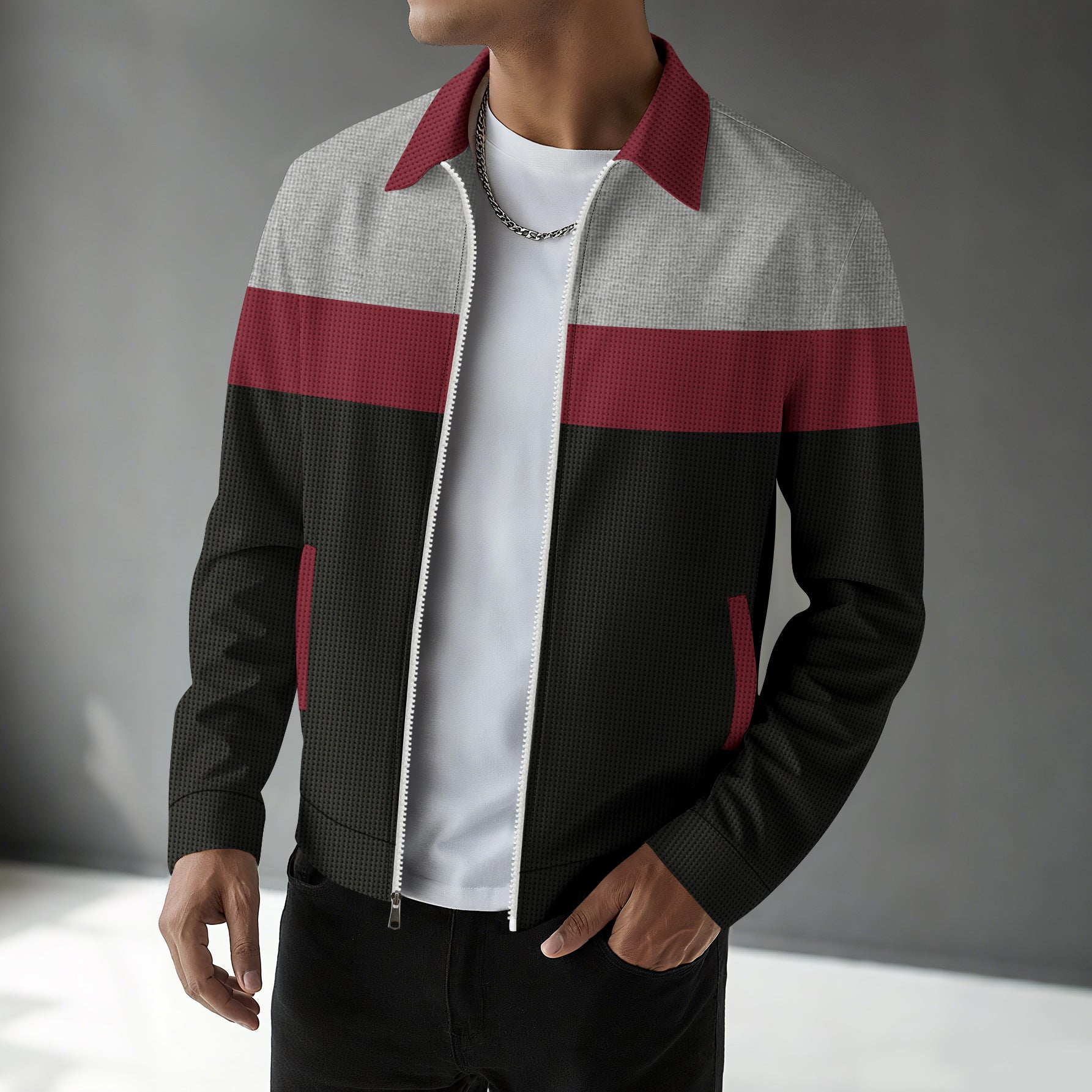 Waffle-knit Colorblock Cardigan With Zippered Pockets And A Notched Collar